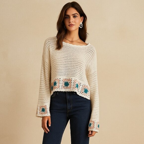 NWT Sincerely Jules White Open Knit Crochet Square Bell Sleeve Sweater Small - Picture 1 of 10